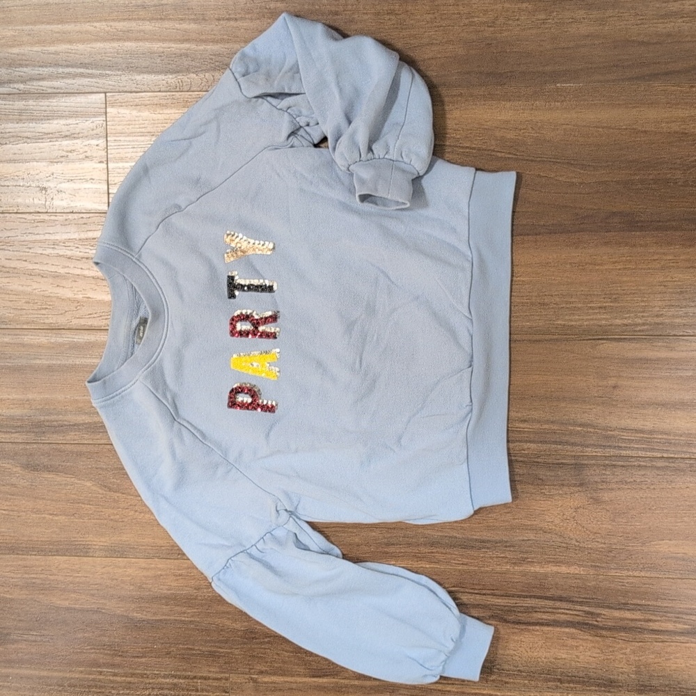 Aerie Blue Sequin Party Cropped Sweatshirt Balloon Sleeve